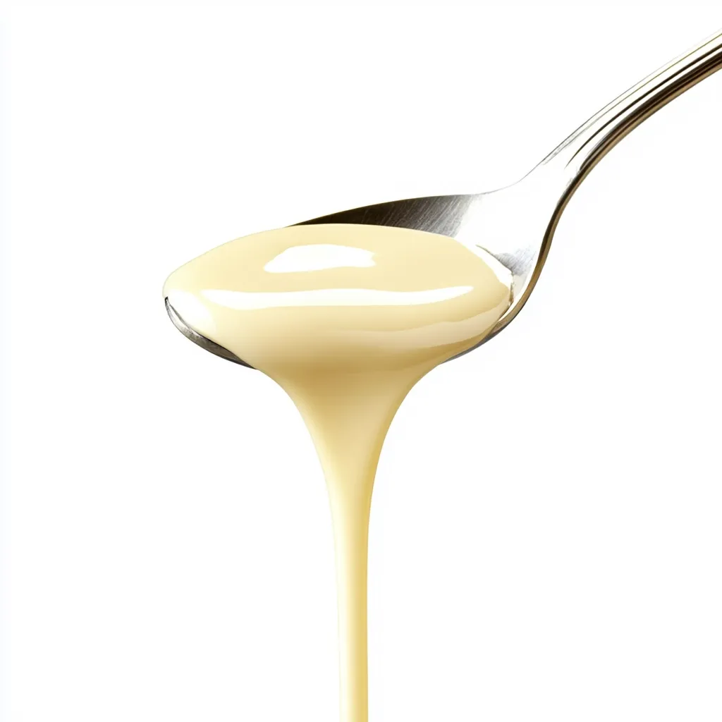 A close-up shot shows a spoonful of creamy, pale yellow liquid, such as condensed milk or custard, slowly pouring from a metal spoon against a stark white background.  The thick liquid forms a continuous stream, highlighting its texture and consistency. The image focuses on the smooth flow of the creamy substance.