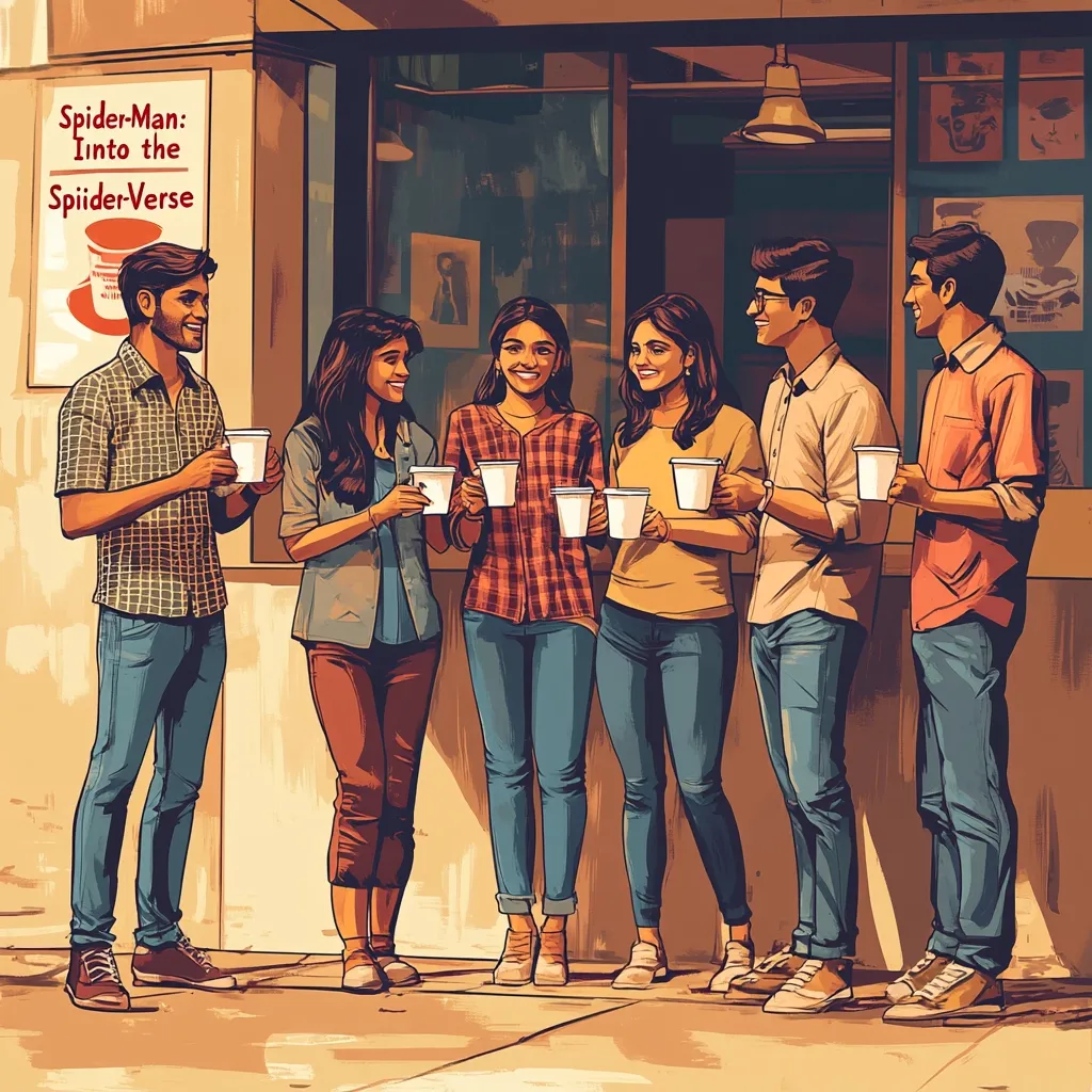 A group of five young adults, three women and two men, stand outside a shop, enjoying takeaway coffee cups.  A "Spider-Man: Into the Spider-Verse" poster is visible on the building's exterior.  They are casually dressed and appear to be friends, chatting and smiling together. The scene is depicted in a vibrant, comic-book style illustration.