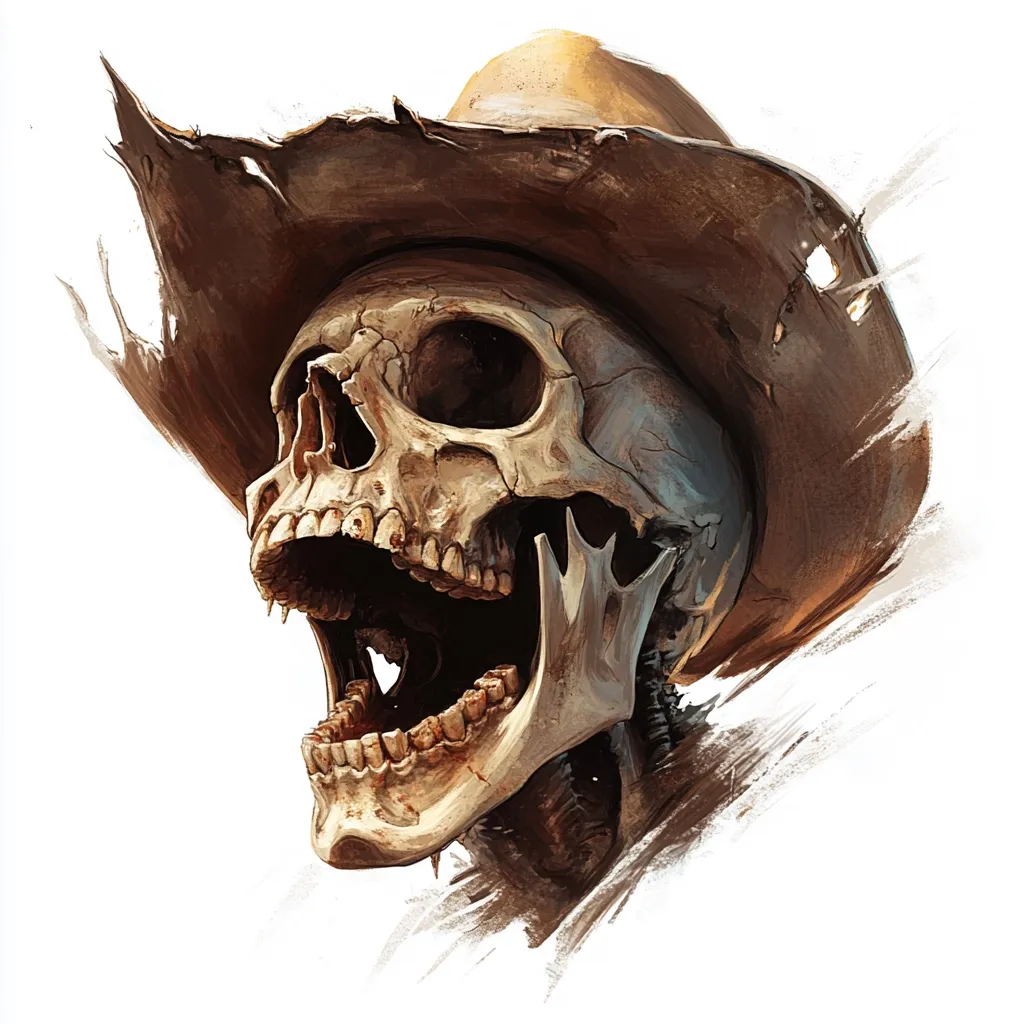 A weathered skull, wearing a tattered cowboy hat, dominates the image.  Its jaw hangs open in a silent scream, revealing decaying teeth. The skull's details are sharply rendered, contrasting with the painterly, impressionistic background. The overall effect is one of gritty, macabre artistry, hinting at a Wild West theme with a dark twist.