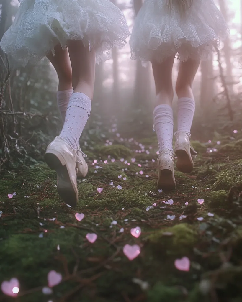 Two girls in white lace dresses and knee-high socks run through a misty forest.  The ground is covered in moss and glowing pink hearts.  Their shoes are light-colored and the overall scene is ethereal and dreamy, suggesting a fairytale setting.  The focus is on their legs and feet, emphasizing their movement through the enchanted woods.