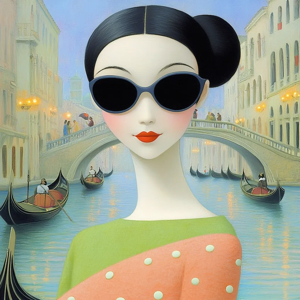 A stylized illustration of a woman with dark hair and oversized sunglasses stands against the backdrop of Venice, Italy.  Gondolas glide on the tranquil water beneath a bridge lined with illuminated buildings.  The woman's dress is a blend of green and coral with white polka dots, creating a vibrant contrast against the muted Venetian scene.  The overall style is reminiscent of pop art, with bold colors and simplified forms.
