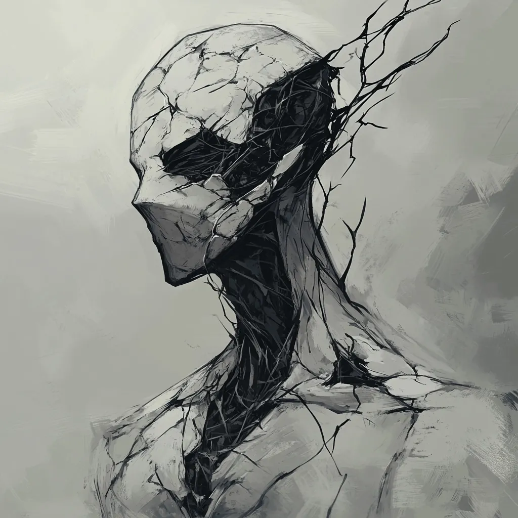 A monochromatic digital painting depicts a humanoid figure, its form fragmented and decaying.  The figure's head is cracked, revealing a dark, intricate network within.  Dark, branch-like structures weave through its body, contrasting with the pale, stone-like texture of its skin.  The overall impression is one of fragility, decay, and unsettling beauty.