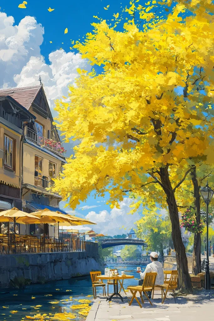 A vibrant painting depicts a sunny autumn day. A person sits at a cafe table by a canal, under a large, bright yellow tree. Yellow leaves float on the water.  The cafe, with yellow umbrellas, is situated next to a quaint building.  A bridge spans the canal in the background, adding depth to the picturesque scene.  The style is impressionistic, with loose brushstrokes capturing the warmth of the light and the season.