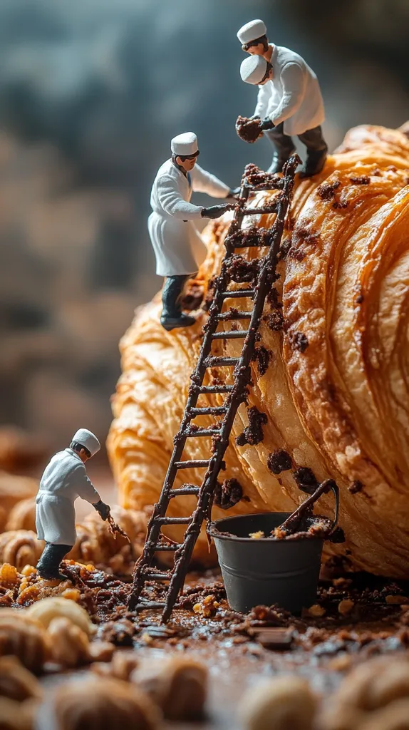 Miniature bakers, clad in white coats, work diligently on a giant croissant.  Using a ladder and small tools, they meticulously apply chocolate to the pastry. A bucket sits nearby, likely containing more chocolate. The scene is rich with detail, emphasizing the contrast between the tiny figures and the enormous baked good.  Surrounding the croissant are nuts and smaller pastries, adding to the bakery setting.