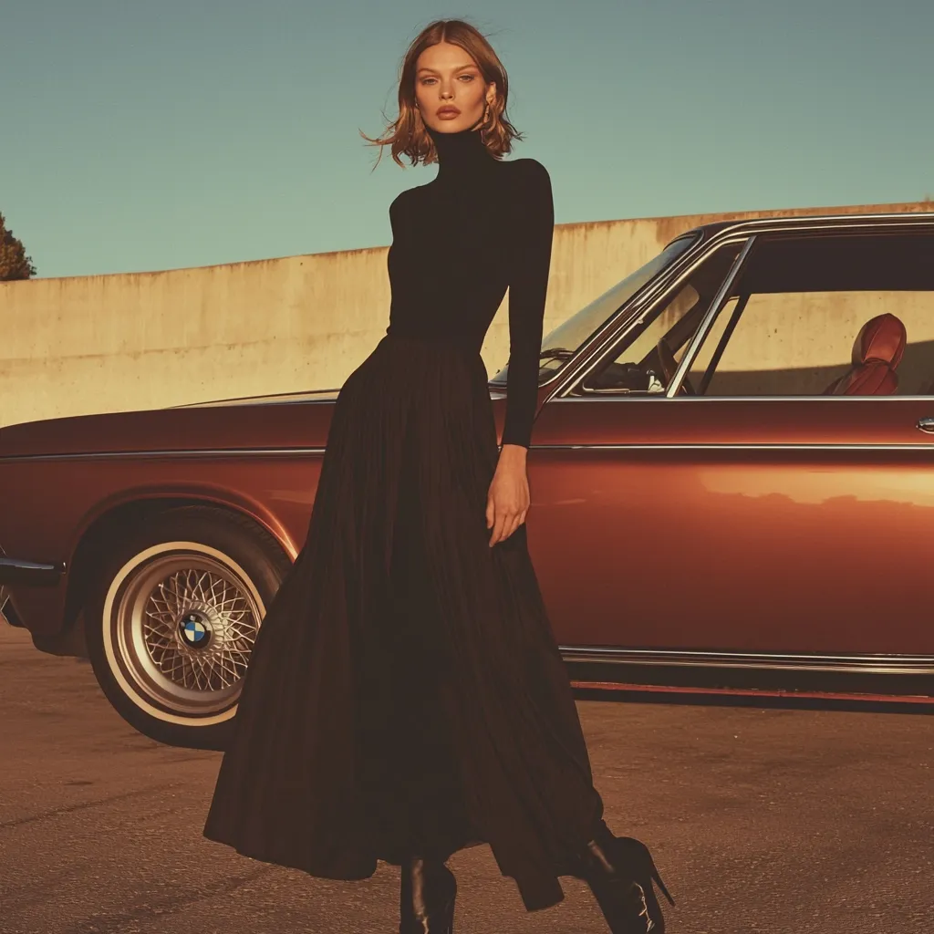A woman with short blonde hair stands beside a vintage copper-colored car. She's dressed in a chic black turtleneck and a pleated maxi skirt, accessorized with black heeled ankle boots. The setting is outdoors, under a clear sky, creating a stylish and sophisticated image with a retro feel.  The overall mood is elegant and timeless.