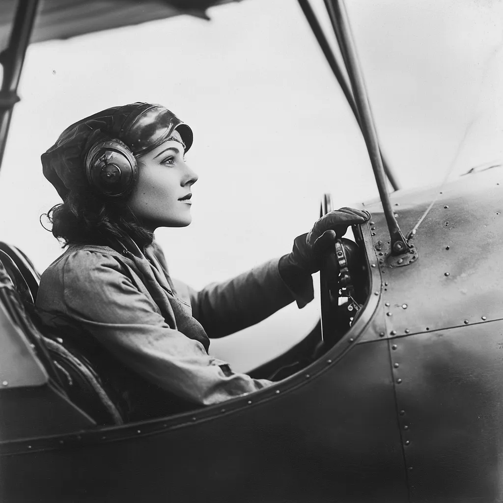 A black and white, profile photograph of a female aviator seated in the cockpit of an open-cockpit biplane.  She wears a leather helmet and gloves, gazing intently to her right.  The image emphasizes the woman's determined expression and the era's aviation technology. The riveted metal of the aircraft is prominent, contrasting with her softer features.