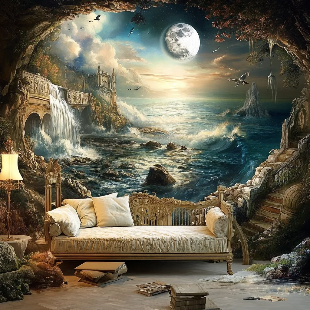 A breathtaking mural depicts a fantasy seascape viewed from within a cave.  A large moon illuminates a dramatic ocean scene with crashing waves, a waterfall cascading down to a rocky shore, and a majestic castle perched on a cliff. Birds fly across the twilight sky.  An ornate daybed sits before the mural, adding a touch of elegance to the scene.  Books are scattered on the floor, complementing the dreamy, whimsical atmosphere.