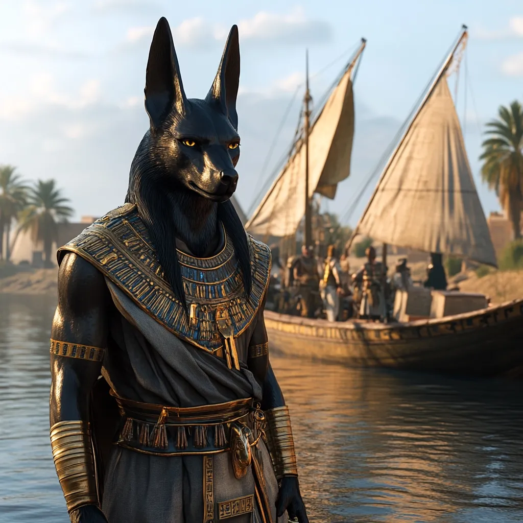 A jackal-headed Anubis figure, adorned in elaborate gold and lapis lazuli jewelry, stands regally by a calm river.  He wears a dark grey robe and gold armbands, his gaze directed slightly away.  In the background, a traditional Egyptian sailboat carrying passengers glides peacefully across the water, palm trees lining the shore. The scene evokes ancient Egypt's rich history and mythology.