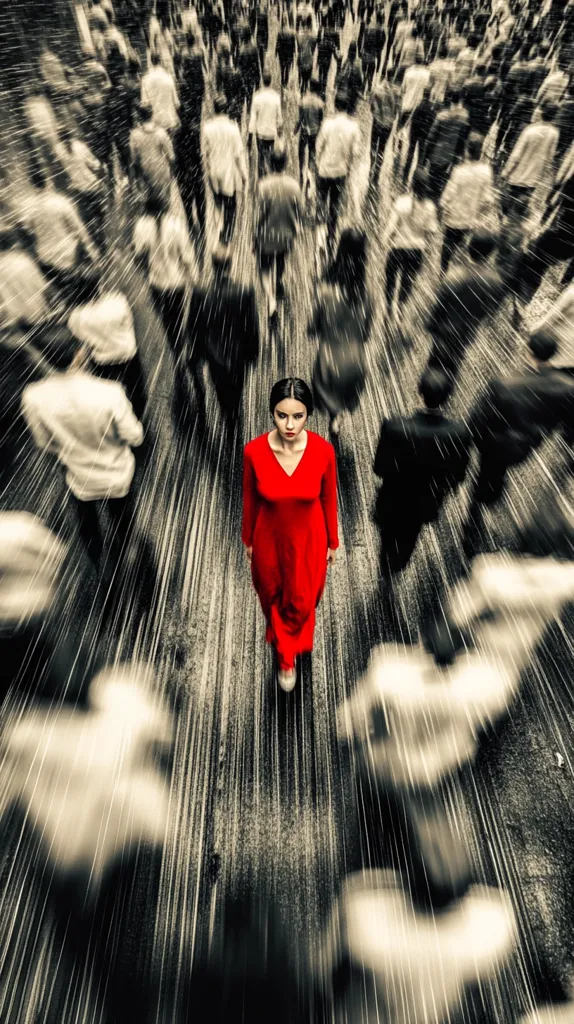 A woman in a vibrant red dress walks down a street, the surrounding crowd blurred into a motion-streaked background.  The stark contrast between her stillness and the dynamic energy of the mass of people emphasizes her individuality and resilience. The image evokes a sense of isolation amidst a bustling urban environment. The monochromatic palette, with the exception of her dress, heightens the dramatic effect.