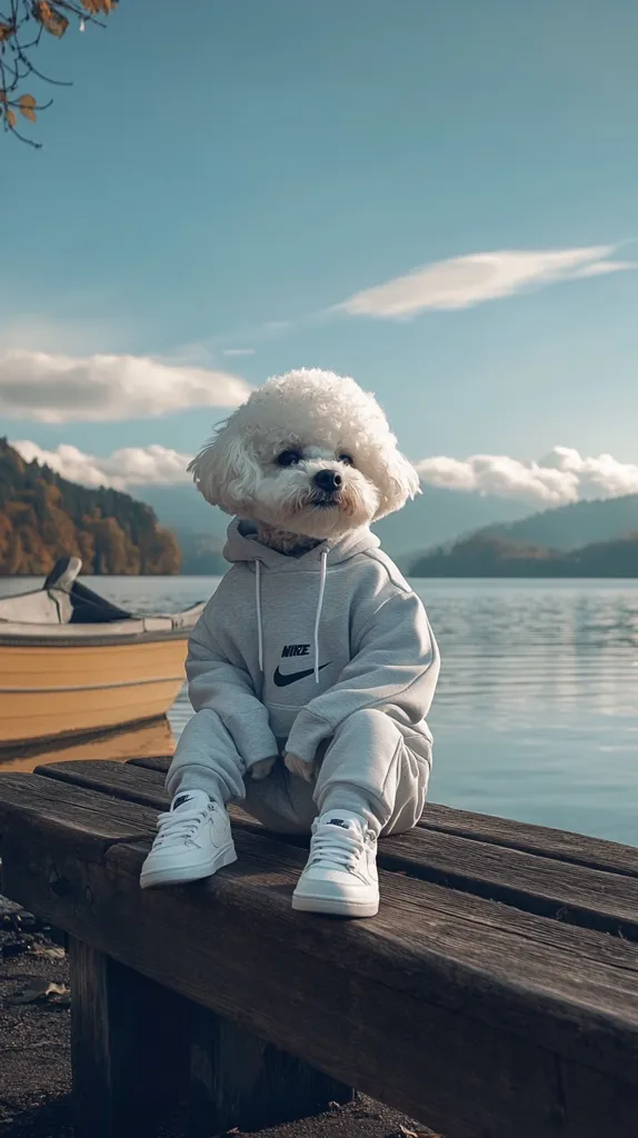 A fluffy white Bichon Frise dog sits on a wooden bench by a lake, wearing a gray Nike hoodie and matching sweatpants.  The dog sports white Nike sneakers.  The scenic background features calm water, mountains, and a partly cloudy sky.  The overall scene is peaceful and serene.