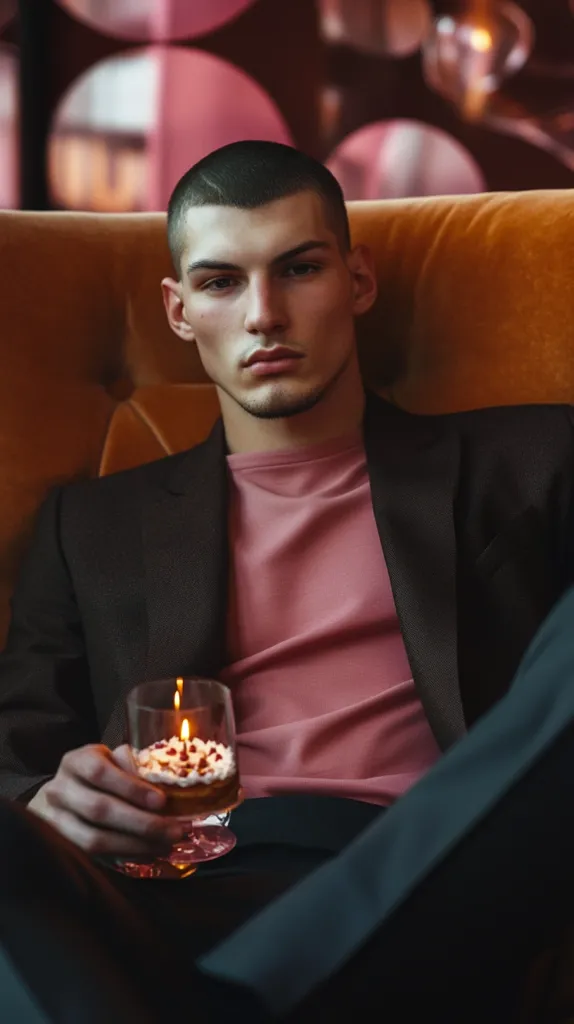 A young man with short, dark hair sits in a plush orange armchair. He wears a dark blazer over a pink shirt.  His expression is serious and contemplative. He holds a small glass dessert topped with a lit candle, suggesting a solitary birthday celebration or intimate moment. The background is blurred, featuring warm lighting and decorative elements.