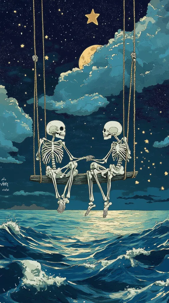 Two skeletons hold hands while sitting on a swing over a dark ocean under a night sky.  A large moon and a star are visible. The style is whimsical and slightly melancholic, suggesting a dreamy, ethereal scene. The ocean waves are depicted with detail, creating a sense of depth and movement.  The overall tone is peaceful and contemplative.