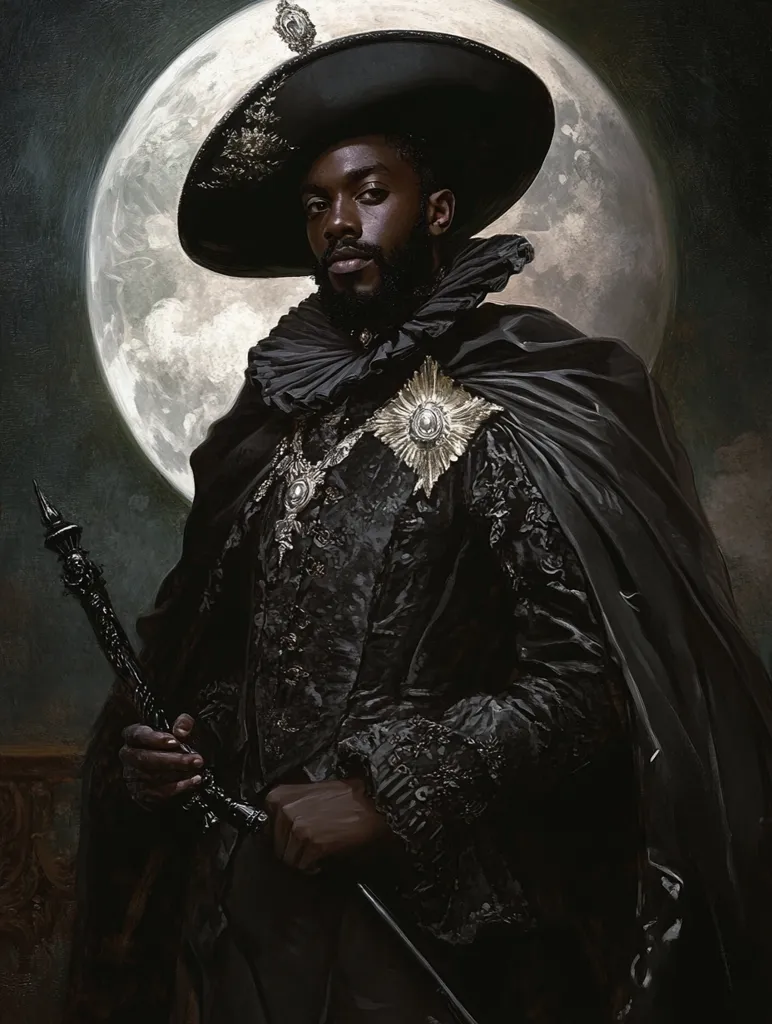A dramatic portrait of a Black man, possibly a nobleman, in ornate, dark clothing. He wears a wide-brimmed hat and a long cape, adorned with elaborate silver embellishments.  A dark sword is held in his hands, the full moon forming a dramatic backdrop. The painting is reminiscent of classical portraiture, yet possesses a modern, artistic sensibility. The overall mood is regal and mysterious.