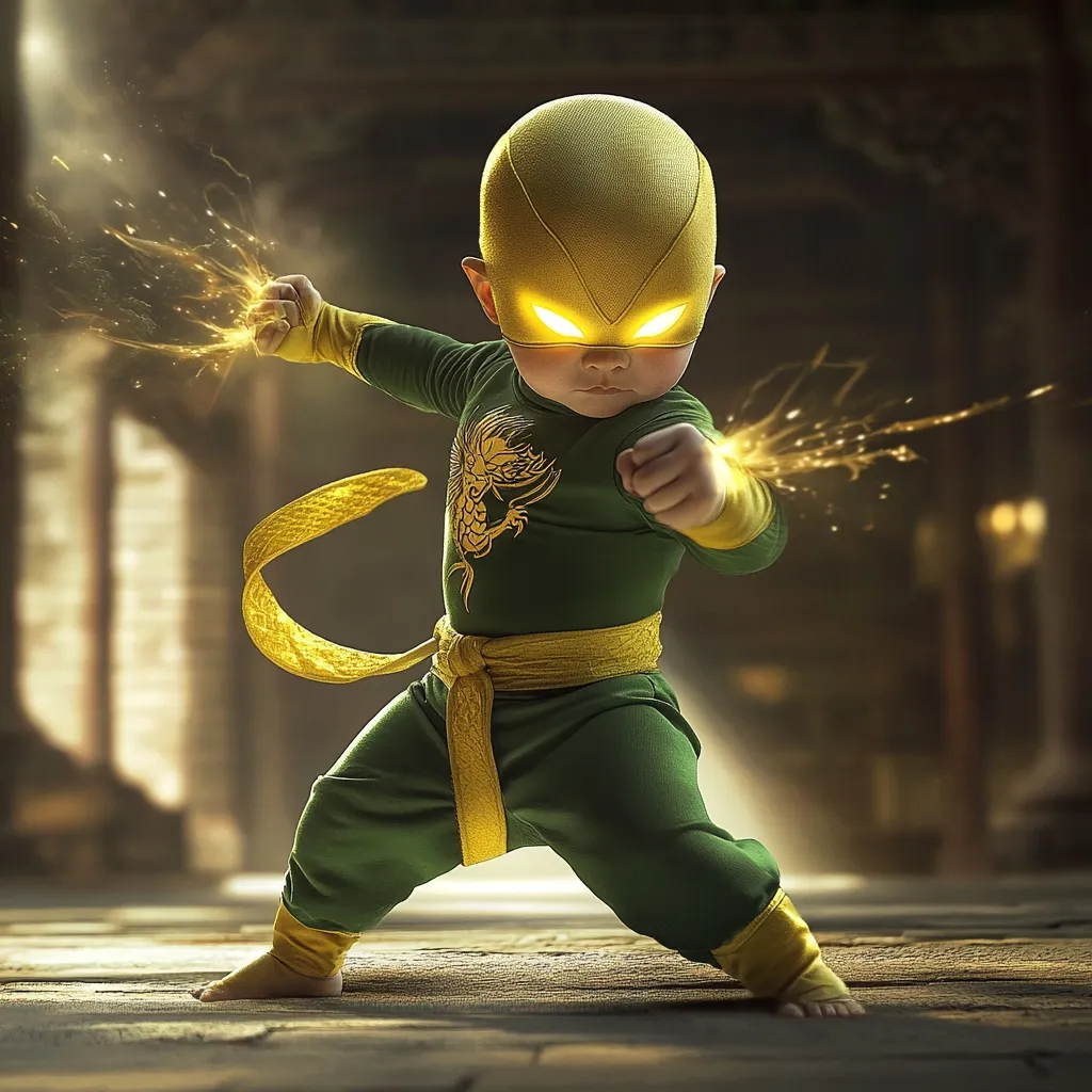A baby, dressed in a green and yellow Iron Fist costume, strikes a powerful pose.  Glowing golden energy bursts from his fists.  The infant's face is partially obscured by a yellow mask with glowing eyes, enhancing the superhero image. The background is a dimly lit, ancient-looking building, further emphasizing the dramatic effect. The overall image is a digitally enhanced, stylized portrayal of a baby as a powerful martial artist.