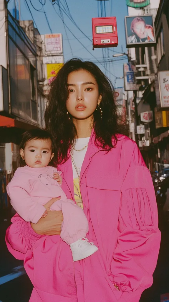 A young woman in a vibrant pink jacket holds a baby, both dressed in pink.  The setting appears to be a bustling Asian street, with neon signs and electrical wires visible in the background. The image has a vintage or retro aesthetic, possibly film photography, creating a warm, nostalgic tone. The woman's dark hair contrasts with her bright clothing.  The overall impression is one of youthful energy and urban vibrancy.