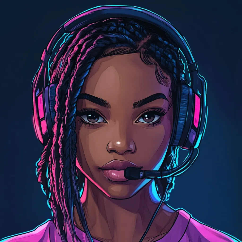 A stylized digital portrait of a young Black woman wearing pink headphones and a pink shirt.  Her dark brown skin and intricate braids are highlighted with vibrant purple and blue neon lighting.  She has a serious yet confident expression, suggesting strength and determination. The art style is bold and graphic, with sharp lines and rich colors.