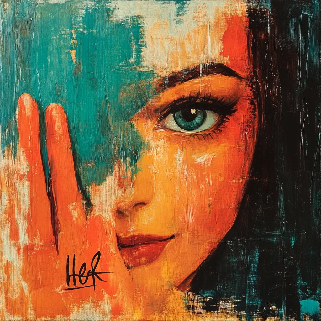 A vibrant oil painting captures a woman's face, partially obscured by her hand and a teal wash of paint.  Her striking blue eye is visible, contrasting with warm orange and red tones on her skin.  Thick, expressive brushstrokes create a textured effect, adding to the piece's emotional intensity.  The artist's signature is subtly placed on the hand. The overall style is impressionistic and evocative.