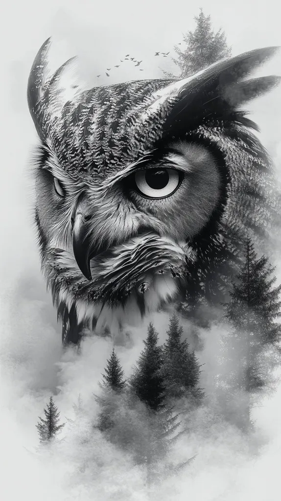A majestic monochromatic image showcases a great horned owl's head and upper body, seamlessly blended with a misty forest scene.  The owl's piercing gaze is intense, its feathers detailed and textured.  Evergreen trees emerge from the fog, creating a dreamlike, ethereal atmosphere.  The overall effect is one of powerful serenity and the owl's connection to the natural world.