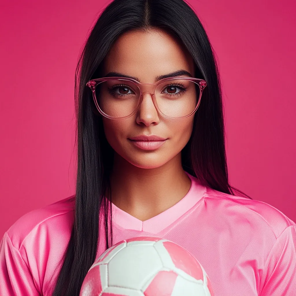 A young woman with long black hair and pink eyeglasses holds a pink and white soccer ball. She's wearing a pink soccer jersey against a vibrant pink background.  Her expression is serious and direct, creating a striking and stylish portrait. The image is well-lit and sharply focused.