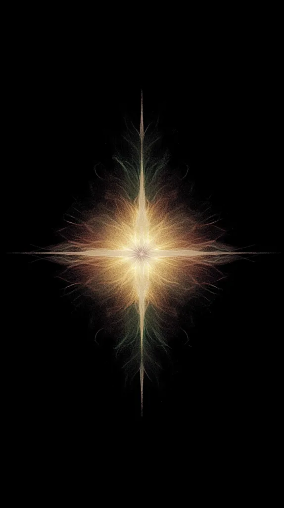A radiant, luminous cross dominates the image, set against a stark black backdrop.  Its core glows with a warm, golden light, radiating outwards in delicate, feathery strands of light, creating a celestial or spiritual effect. The color palette is subtly muted, with hints of olive green and brown blending into the central gold.  The overall impression is one of ethereal beauty and quiet power.