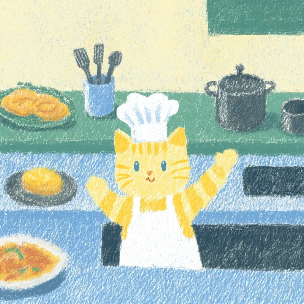 A cheerful orange tabby cat, wearing a chef's hat and apron, stands proudly in a kitchen.  Surrounding the cat are various dishes, including fried food, a cooked egg, and a bowl of stew.  Utensils are neatly placed in a container on the counter, suggesting a scene of happy cooking. The illustration style is soft and textured, reminiscent of crayon or pastel drawings.