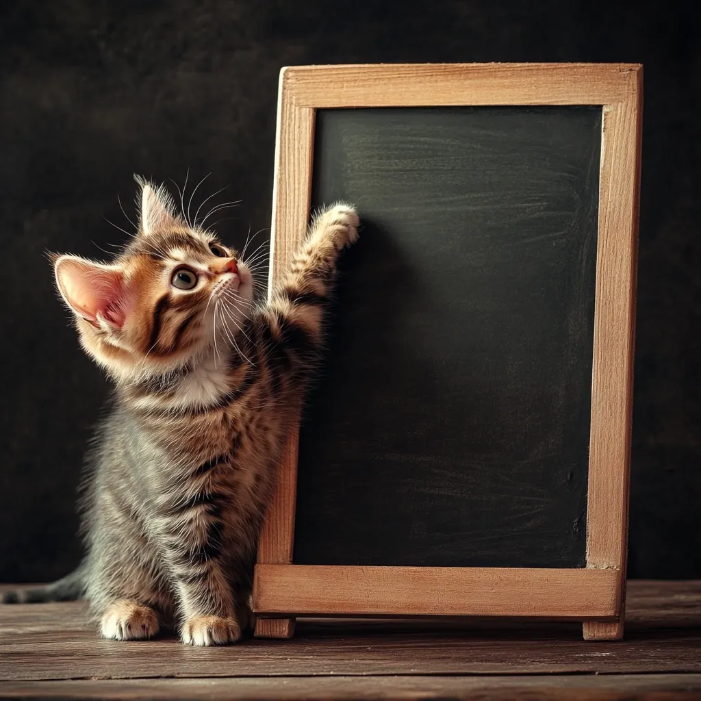 An adorable tabby kitten stands on a rustic wooden surface, playfully reaching towards a small, blank chalkboard easel.  The kitten's curious expression and inquisitive posture create a charming scene. The dark background and warm lighting enhance the image's overall mood, suggesting a playful and inviting atmosphere. The empty chalkboard provides space for text or a message.