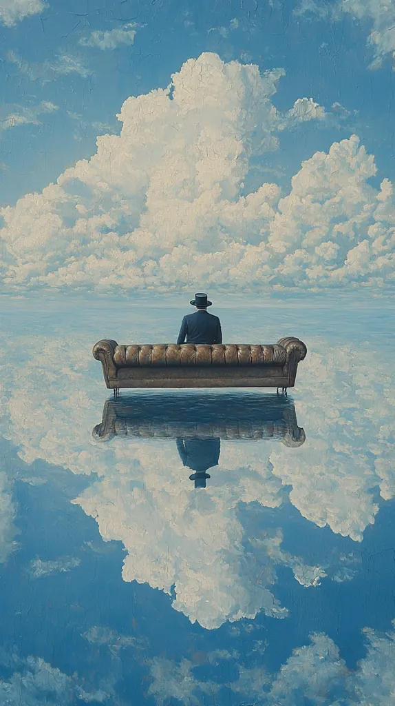 A man in a top hat sits on a leather Chesterfield sofa floating serenely above a cloudscape.  The scene is mirrored perfectly in the reflective surface below, creating a surreal and dreamlike atmosphere.  The vast expanse of blue sky and fluffy white clouds dominates the composition, emphasizing the man's isolation and the boundless nature of his surroundings.  The painting evokes a sense of tranquility and contemplation.