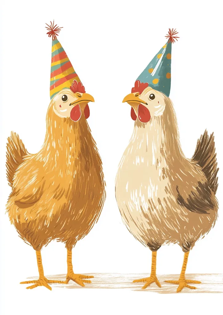 Two hens, one light brown and one golden brown, are depicted wearing festive party hats.  The hens stand side-by-side against a white background, their expressions suggesting a lighthearted and celebratory mood. The illustration style is whimsical and charming, using soft brushstrokes to create a textured effect.  The party hats add a touch of playful fun to the scene.