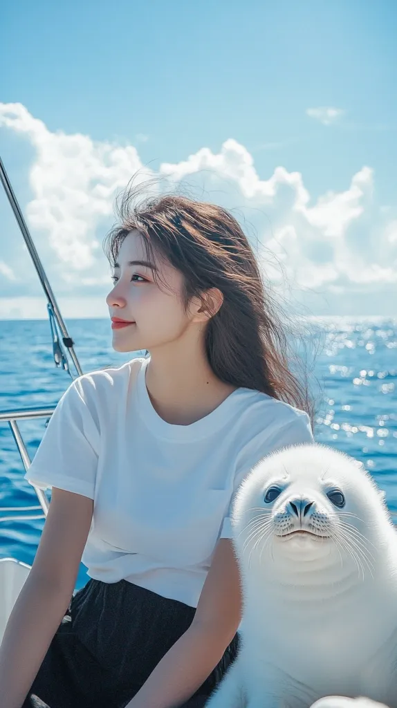 A young woman with long brown hair sits on a boat, wearing a white t-shirt and dark pants.  Beside her sits a fluffy white seal pup, gazing directly at the camera.  The ocean is a brilliant blue under a bright, partly cloudy sky. The overall scene is serene and peaceful, conveying a sense of calm and connection with nature.