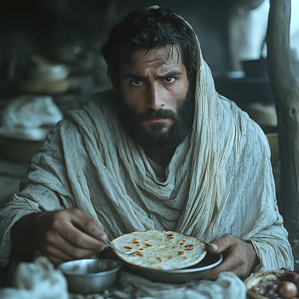 A man with a dark beard and intense gaze, clad in a simple, light-grey robe, sits at a rustic table.  He holds a flatbread, using a fork to eat. The setting appears to be a humble dwelling, with a dimly lit, somewhat austere atmosphere.  His expression is serious and contemplative, suggesting a moment of quiet reflection during a simple meal.