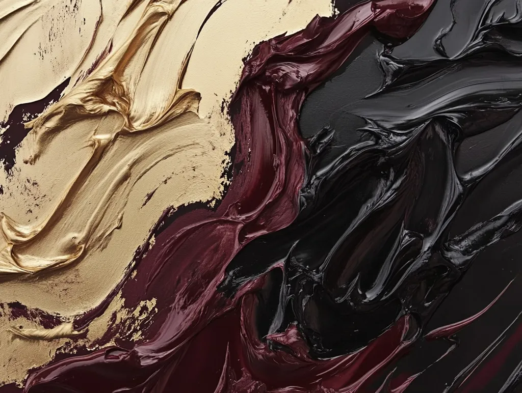 An abstract painting showcases a dynamic interplay of rich colors.  Thick, impasto brushstrokes of gold, deep burgundy, and black create swirling, textured patterns across the canvas.  The colors blend and contrast, creating a visually striking and luxurious effect. The texture is highly prominent, conveying a sense of movement and depth.