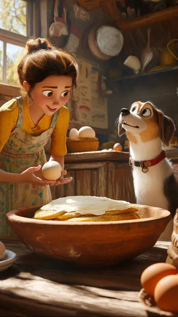 A young woman with brown hair, wearing a yellow top and apron, carefully holds an egg above a large bowl of baked goods.  A friendly beagle sits nearby, watching her.  The setting is a rustic kitchen, filled with warm light and the aroma of freshly baked bread. Eggs are scattered on the wooden table, enhancing the homely atmosphere. The scene suggests a moment of quiet domesticity and companionship.