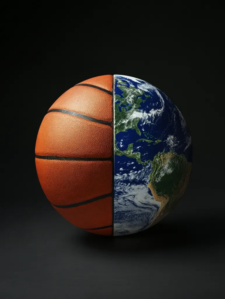 A sphere is depicted, half basketball and half Earth. The basketball's texture is clearly visible, contrasting with the detailed Earth image, showcasing continents and oceans.  The dark background emphasizes the juxtaposition of the sporting world and the global scale.  The image suggests a connection between the universal appeal of basketball and the planet.