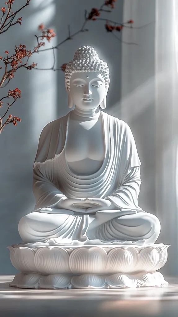 A serene white Buddha statue sits in a peaceful setting.  The statue, depicted in a meditative pose, rests on a lotus flower base.  Soft sunlight streams through a window, illuminating the statue and highlighting its smooth, polished surface.  A delicate branch with reddish-brown blossoms adds a touch of natural beauty to the scene.  The overall impression is one of tranquility and spiritual calm.