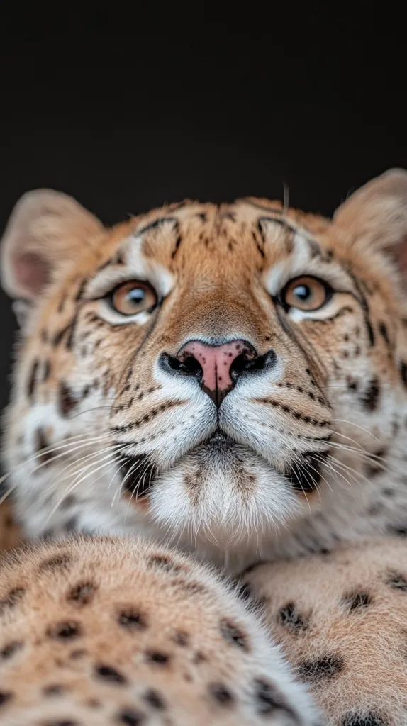 Close-up of a Eurasian lynx's face.  Its large, expressive amber eyes are captivating, and its spotted fur is soft and detailed. The lynx's pink nose and delicate whiskers are clearly visible.  The image focuses on the animal's features, creating an intimate and striking portrait against a dark background. The lynx's paws are partially visible in the foreground.