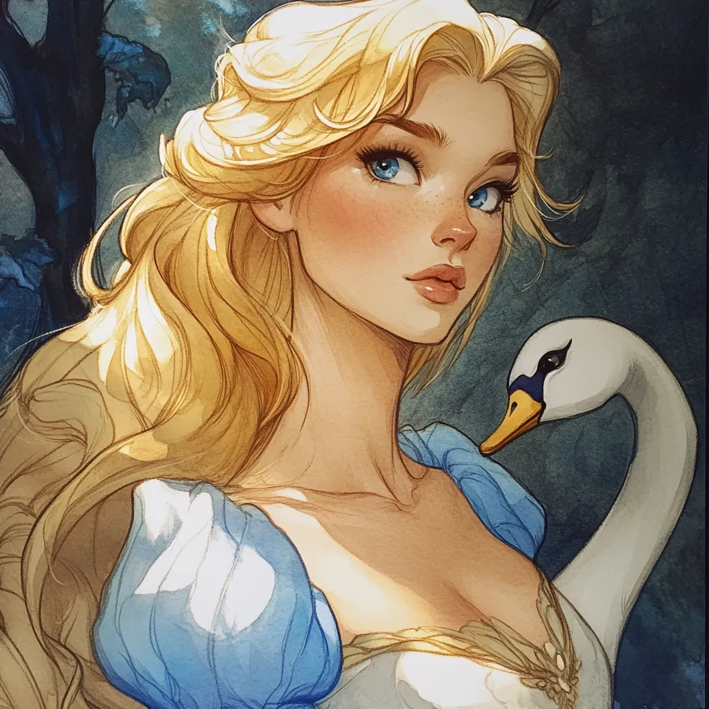 A watercolor painting depicts a young woman with long blonde hair, fair skin, and blue eyes. She wears a light blue and white dress.  A graceful white swan is positioned beside her, its neck curved towards her shoulder. The style is reminiscent of fairytale illustrations, with soft lighting and a dreamy atmosphere. The background suggests a dark, wooded area.