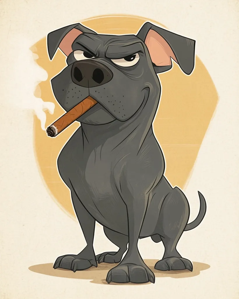 A cartoon illustration depicts a tough-looking, gray pit bull terrier-type dog sitting and nonchalantly smoking a large cigar.  The dog's expression is one of smug contentment, its eyes narrowed and a slight smirk visible. The style is reminiscent of vintage cartoons, with simple shading and a slightly muted color palette. The background is a soft, pale yellow-beige.