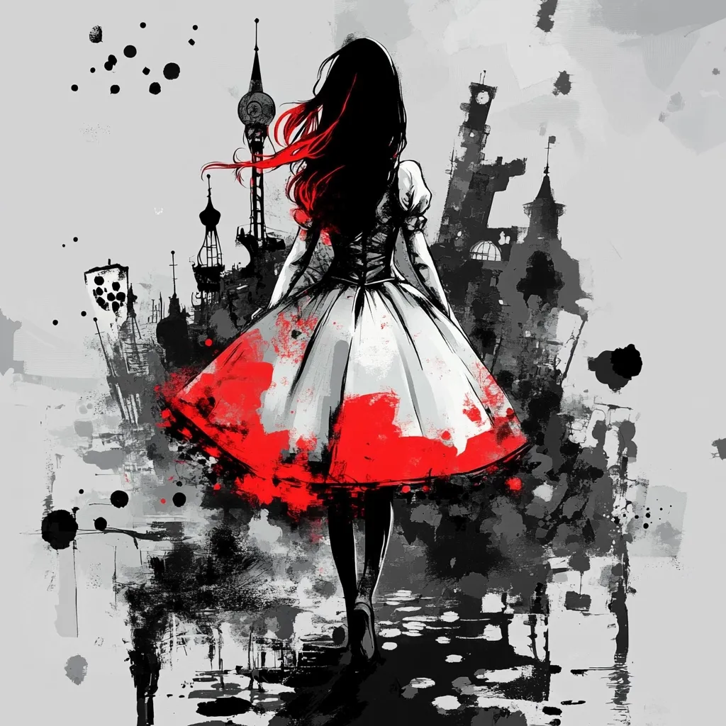 A girl with long red hair, wearing a white dress with a red hem, walks away from a dark, stylized cityscape.  The art style is expressive and painterly, using splashes of red and black against a grey background, creating a dramatic and slightly unsettling atmosphere. The scene evokes a feeling of mystery and perhaps a journey into the unknown.  The city's architecture is fantastical and slightly gothic.