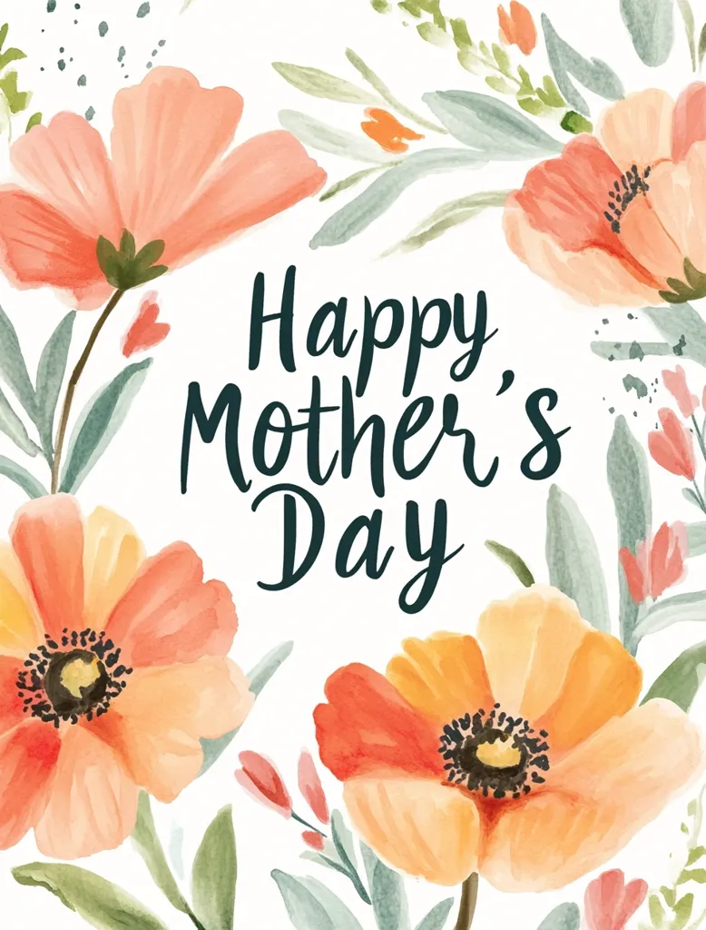 A watercolor-style Mother's Day card features a bouquet of peach and orange poppies and delicate green foliage.  The text "Happy Mother's Day" is prominently displayed in elegant dark lettering against a white background. The overall design is soft, feminine, and celebratory, perfect for expressing appreciation for mothers on their special day.