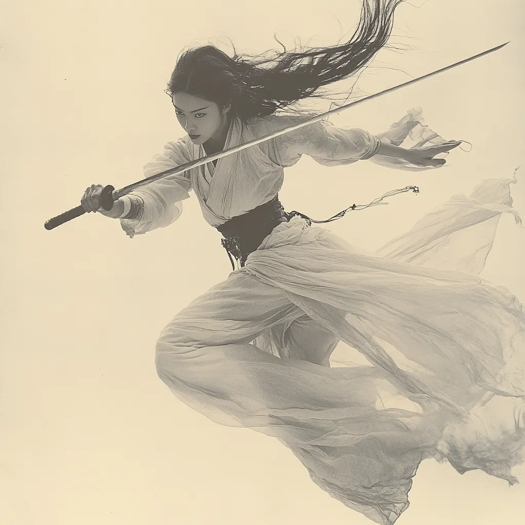 A monochromatic image captures a woman in mid-air, wielding a katana. Her flowing, light-colored robe billows dramatically around her as she leaps, her long dark hair streaming behind her.  The pose is dynamic, suggesting swift movement and martial arts skill. The background is a soft, light tone, emphasizing the figure and her weapon. The overall aesthetic is elegant and powerful, hinting at a warrior's grace.