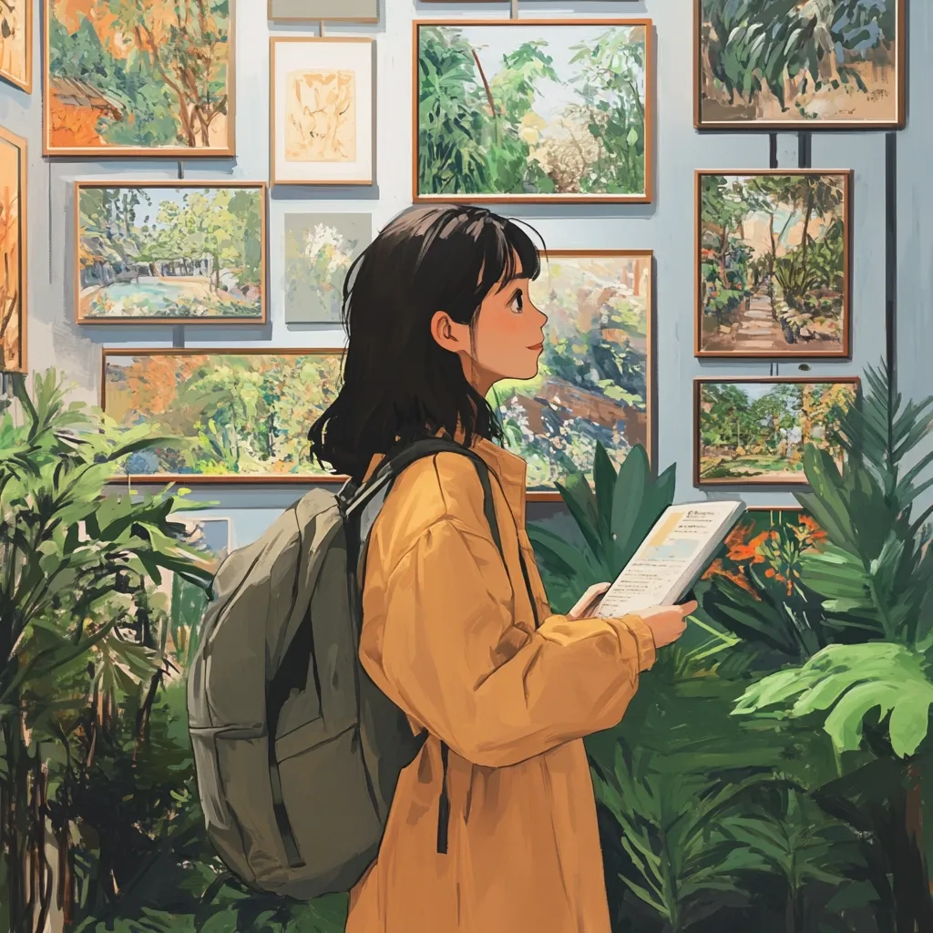 A young woman with dark hair, wearing a mustard-yellow coat and a grey backpack, stands in an art gallery admiring paintings of lush greenery.  She holds a booklet, possibly a guide or catalog.  Surrounding her are potted plants, complementing the nature-themed artwork on the walls. The overall scene is peaceful and serene, evoking a feeling of quiet contemplation.