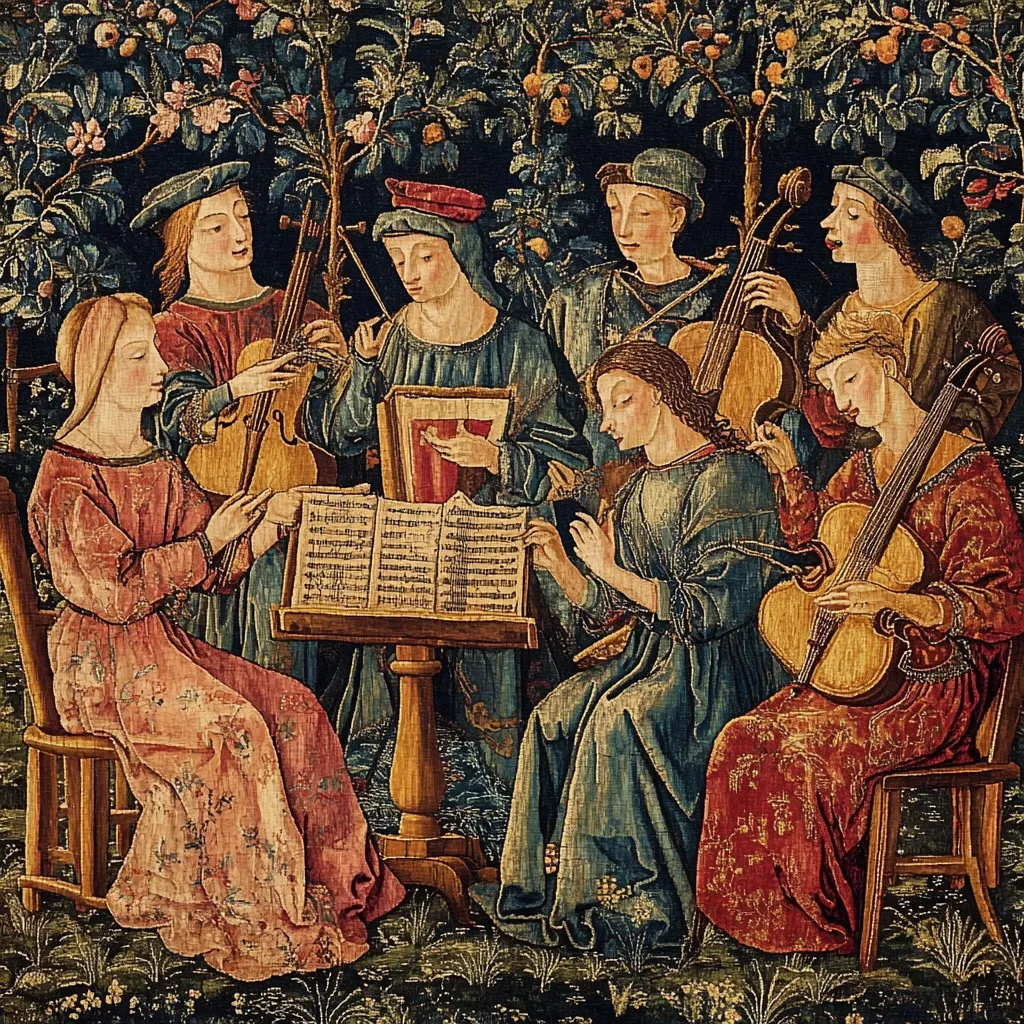 A vibrant tapestry depicts a musical ensemble of eight figures, men and women, dressed in medieval attire.  They are seated amidst a lush garden, playing various stringed instruments including viols and a lute. A music book rests on a stand, suggesting a concerted performance.  The rich colors and detailed clothing showcase the artistry of the piece, capturing a scene of elegant musical entertainment.