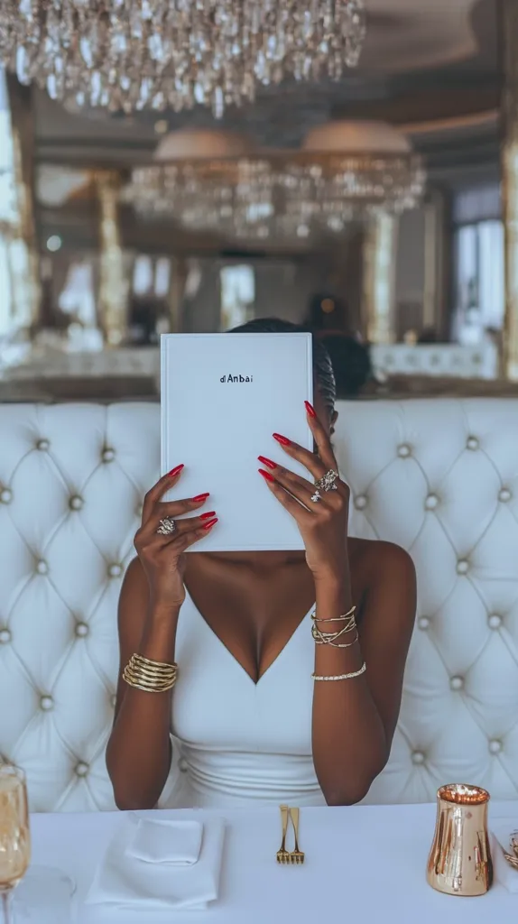 A woman with red nails and gold jewelry sits at a white table in a luxurious restaurant.  She holds a white menu, obscuring her face, with the word "Ambai" visible.  The setting is elegant, with a white, tufted banquette and a sparkling chandelier in the background.  The overall image conveys a sense of sophistication and fine dining.