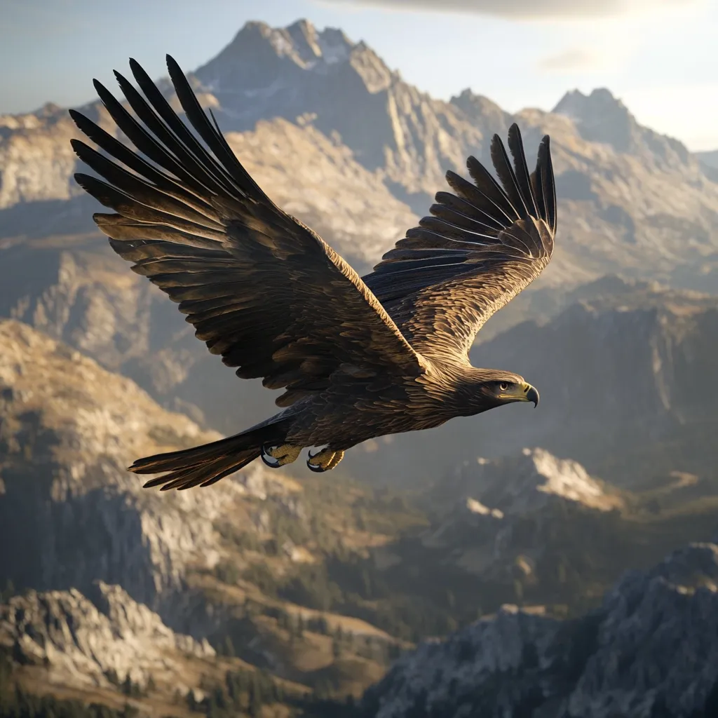 A majestic golden eagle soars through the sky, its powerful wings outstretched against a breathtaking backdrop of snow-capped mountains and valleys bathed in the warm glow of the setting sun. The eagle's focused gaze and sharp talons are visible as it glides effortlessly above the rugged terrain.  The image evokes a sense of freedom and the untamed beauty of nature.
