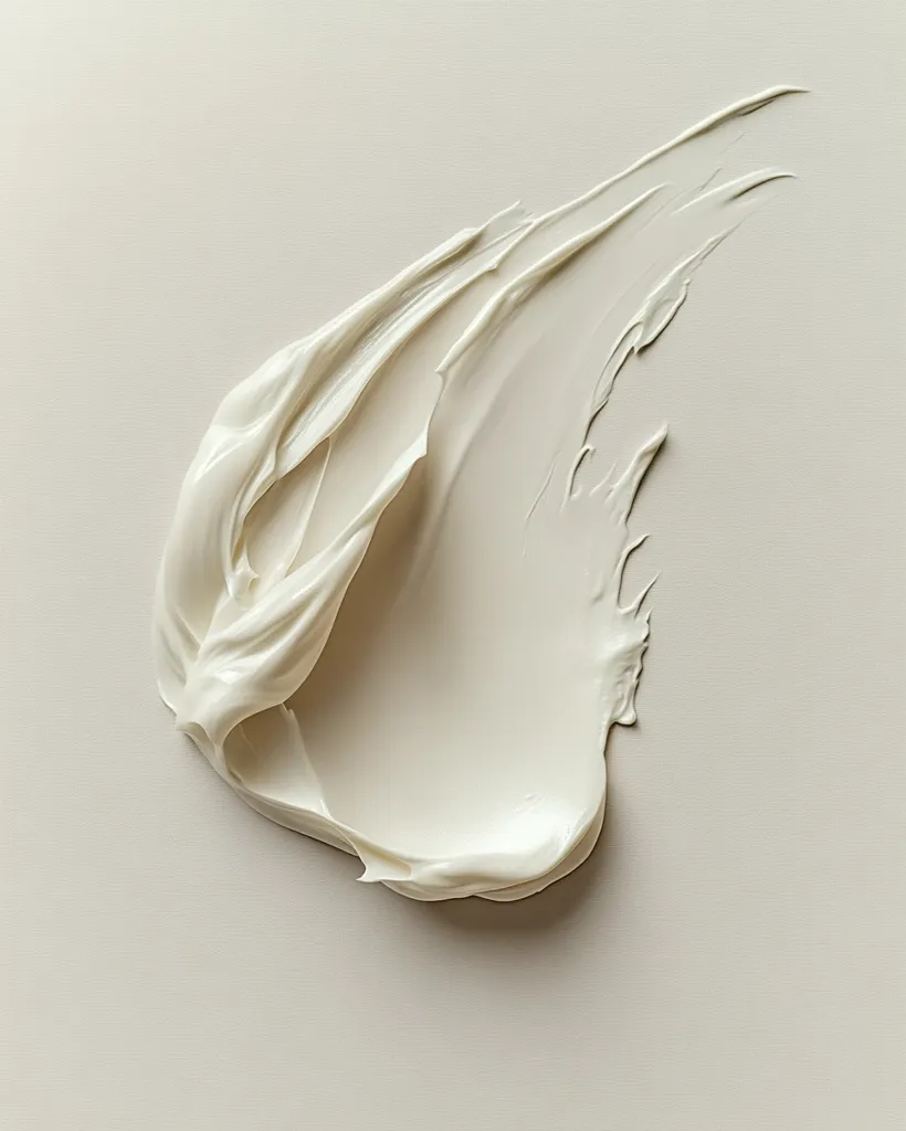 A creamy, off-white substance is swirled and smeared across a light beige background.  The texture is thick and glossy, with visible brushstrokes creating a dynamic, fluid shape. The color is consistent throughout, suggesting a smooth, uniform consistency. The overall impression is one of elegance and simplicity.