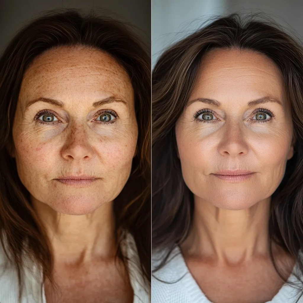 A before-and-after image showcasing the effects of skincare or cosmetic treatment on a middle-aged woman.  The left side shows her natural face with visible wrinkles and age spots.  The right side reveals smoother skin with reduced wrinkles and blemishes, highlighting a significant improvement in skin tone and texture. The transformation emphasizes the potential for rejuvenation.