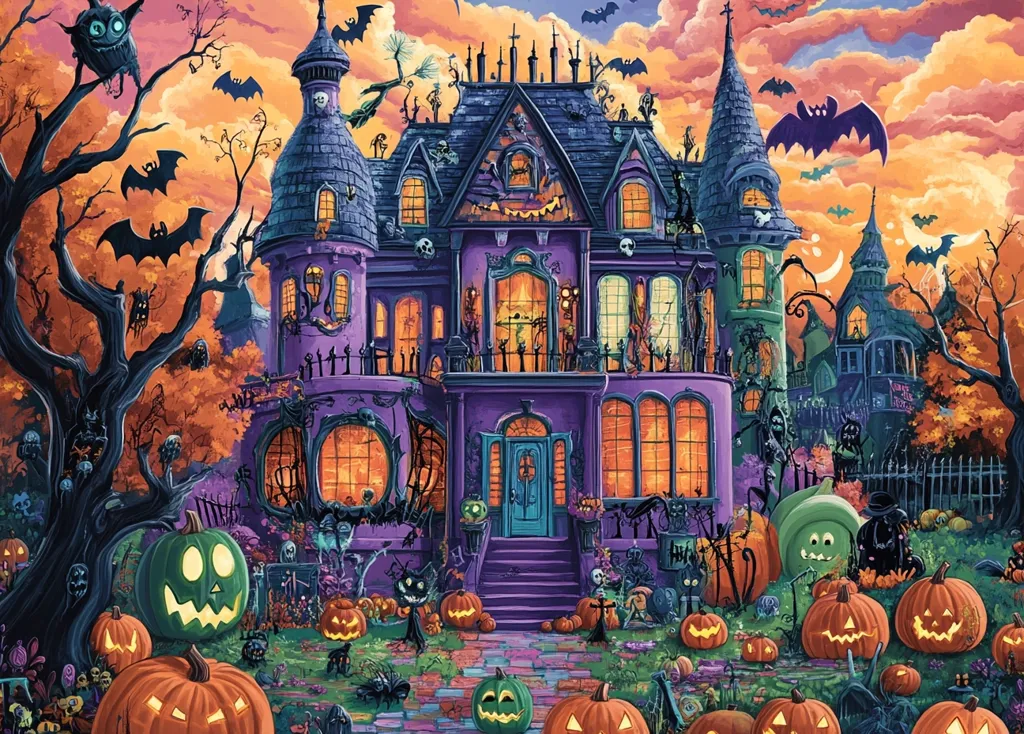 A whimsical Halloween scene features a large, purple haunted house adorned with spooky decorations.  Bats fly against an orange sky, while numerous jack-o'-lanterns and other Halloween symbols surround the house.  Skeletons, ghosts, and black cats add to the festive, spooky atmosphere, creating a vibrant and detailed illustration perfect for the holiday.