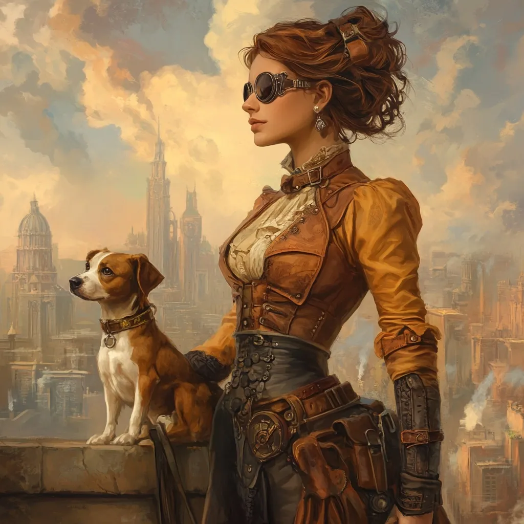 A steampunk-styled woman, clad in a brown leather corset and jacket, stands with her small, brown and white dog. She wears goggles and pearl earrings. The backdrop is a futuristic city skyline, suggesting a blend of Victorian and technological aesthetics.  The overall mood is one of adventure and mystery.