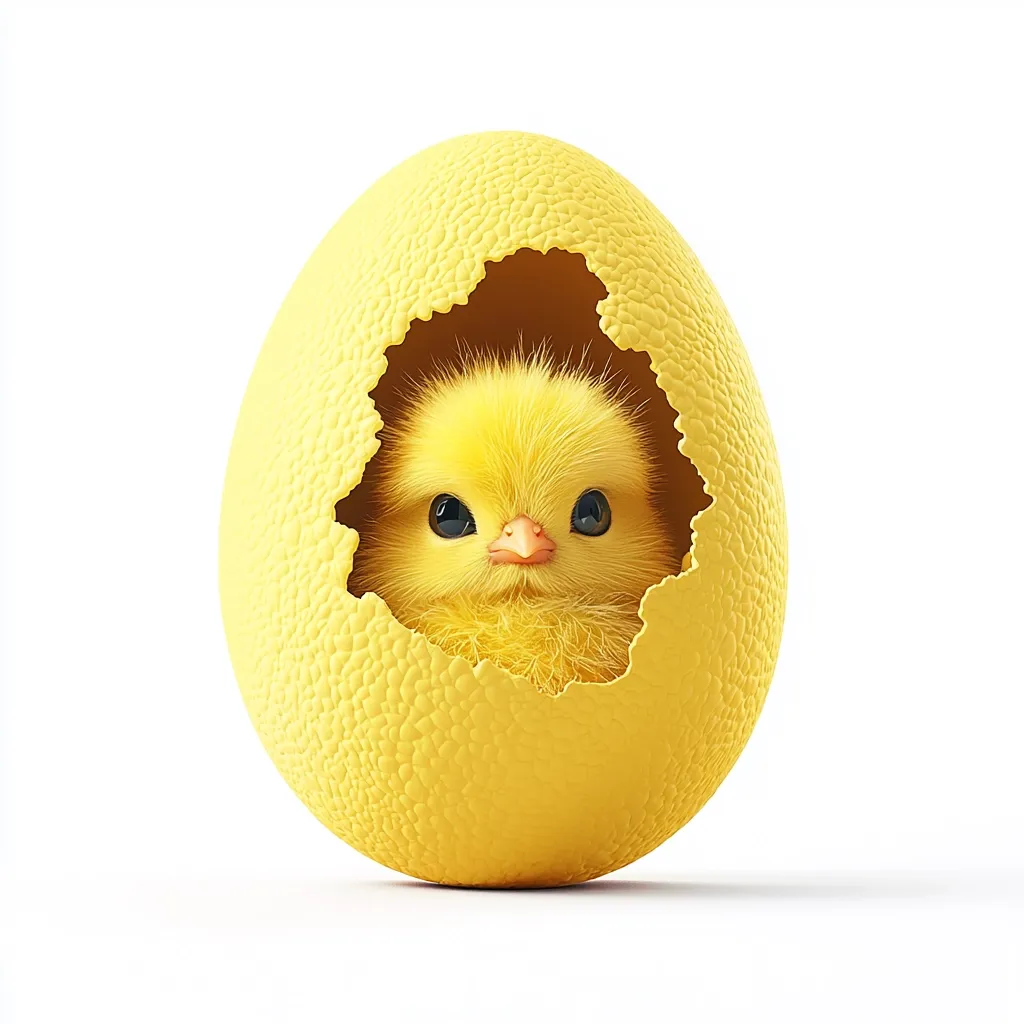 A fluffy yellow chick peeks out from a cracked, similarly colored egg.  The egg is textured, and the chick's dark eyes and beak contrast against its bright plumage.  The image is set against a stark white background, emphasizing the vibrant yellow tones of the subject.  It evokes a sense of springtime and new beginnings.