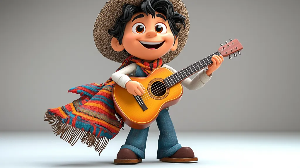 A cheerful cartoon boy, wearing a straw hat and a colorful poncho, joyfully plays a classical guitar.  His expressive face and bright attire convey a sense of fun and lively energy. The 3D-rendered character is depicted in a dynamic pose, suggesting movement and musical passion.  The background is a simple, neutral gray, focusing attention on the vibrant figure.